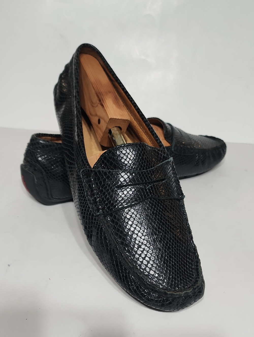 Lauren Ralph Lauren Navy Blue Camila Croc-Embossed Leather Penny Loafers Sz 11B - Picture 5 of 12
